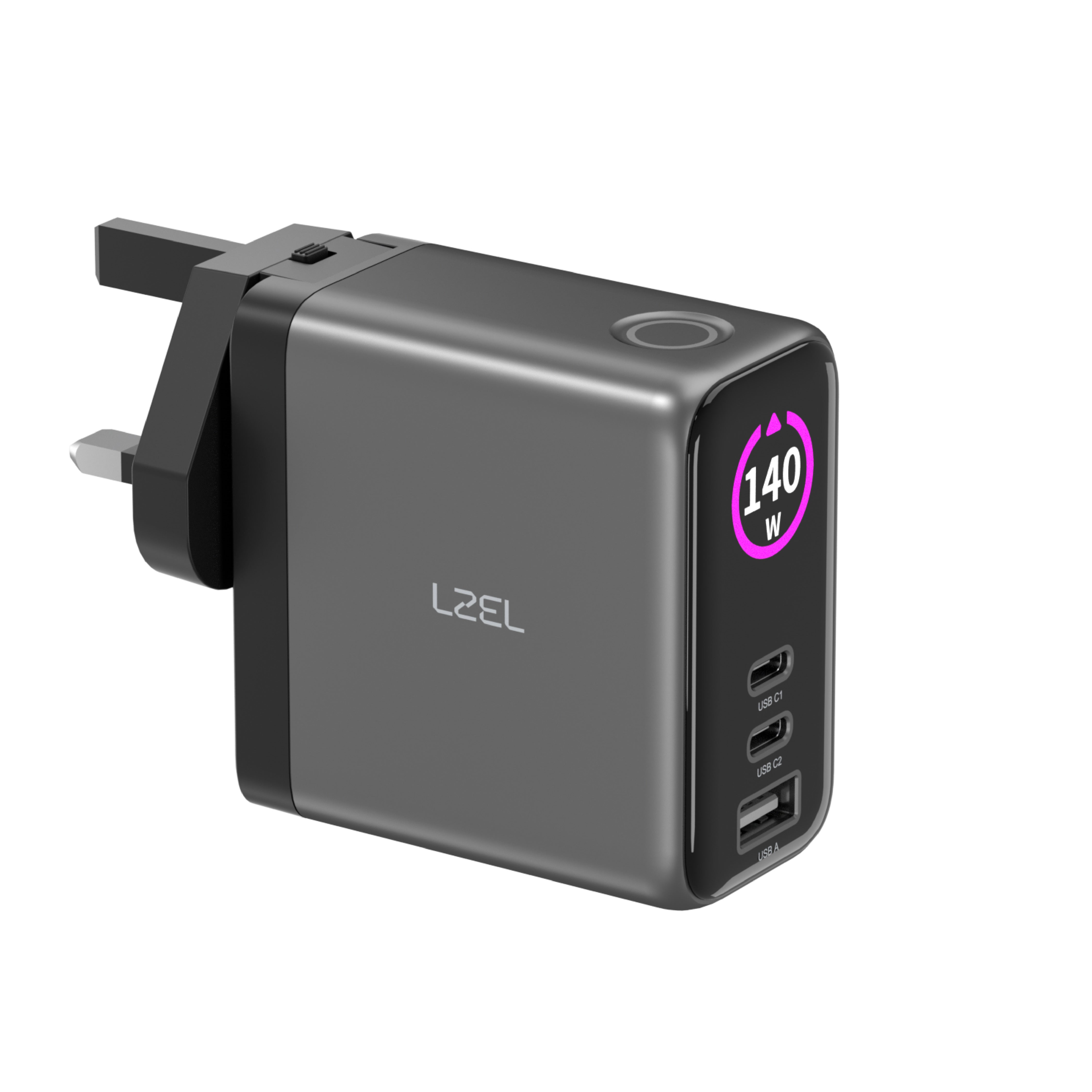 LZEL 140W GaN Travel Charger with 3-Port PD Digital Display & UK/EU/AU Plugs | Gray/Black LZEL 140W GaN Travel Charger with 3-Port PD Digital Display & UK/EU/AU Plugs | Gray/Black